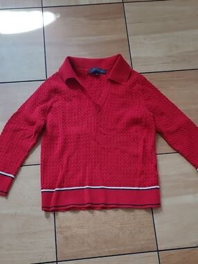 Tommy Hilfiger Red Knit Polo Collared Sweater With Black And White Strips